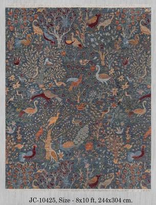 Alfombra 8x10 Gris Pájaros Pavo Real Jardín Escena Hecha a Mano Fina Calidad TAMAÑO PERSONALIZADO Foto 1 de 4