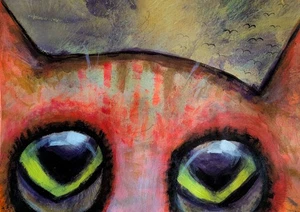 Original Cat Painting Birds Collectible Modern Abstract Art Card Samantha McLean - Picture 1 of 1