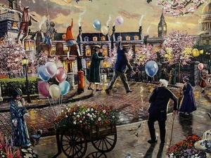 Thomas Kinkade Studio Mary Piooins Returns Disney lienzo certificado 18x27 - Imagen 1 de 3