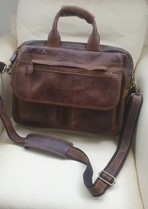 Distressed Brown Thick Leather Briefcase By KATTEE Carry Handles Shoulder Strap - Picture 1 of 18