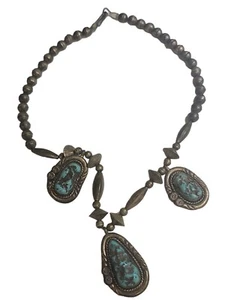 Navajo Signed IVAN V Old Pawn Silver Turquoise Necklace - Picture 1 of 8