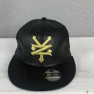 Zoo York Hat Gold Logo Black Faux Leather Vegan Snapback Adjustable - Picture 1 of 16