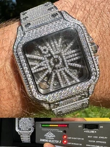 Real Mens MOISSANITE Watch Iced Automatic Movement Hip Hop Bust Down Skeleton - Picture 1 of 24