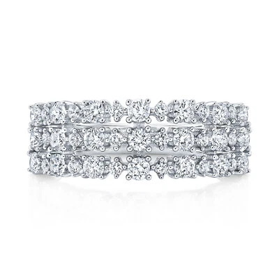 Anillo de diamantes de oro blanco de 14 quilates banda ancha tres filas cóctel corte redondo natural 1 quilate Foto 1 de 4