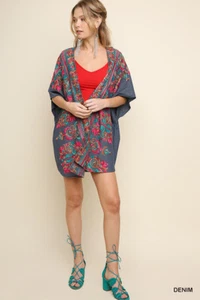 Umgee NWT Women's BOHO Floral Embroidered Denim Open Front Kimono, Blue/Red - Picture 1 of 6