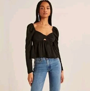 Abercrombie & Fitch Long-Sleeve Sheer Twist-Front Top size M Black Whimsigoth - Picture 1 of 8