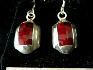 Beautiful Mexico  Dainty Sterling Silver Red Coral Inlay Hook Earrings #1034 - Picture 1 of 5