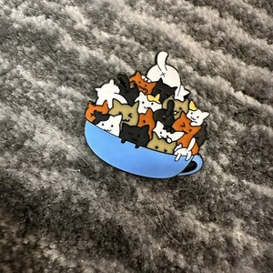 Cat Enamel Pin Cup Cat Stack  Climbing Kitten Brooch Lapel Badge Jewelry Tea - Picture 1 of 4
