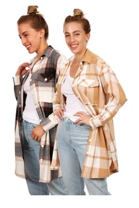 Women's Cotton Flannel Curve Check Brushed Oversized Dress Boyfriend Shirts M 03 - Picture 1 of 11