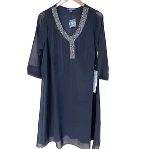 VESTIDO Negro Roaman's 14W Adornado Cuentas Cuello Cortina Gasa Línea A NUEVO - Imagen 1 de 8