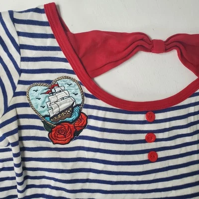 Hell Bunny Nautical Sailor Striped Dress with Ship Embroidery and Back Bow - Image 1 of 4