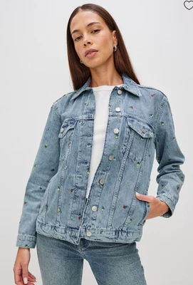 Rails Grove Boyfriend Trucker Jacket Women's SZ Large Denim Flower embroidered - Image 1 of 4
