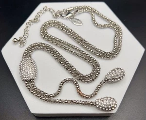 CHICO’S Lariat Necklace Silver Tone Popcorn Chain Pave Crystal Accents - Picture 1 of 6