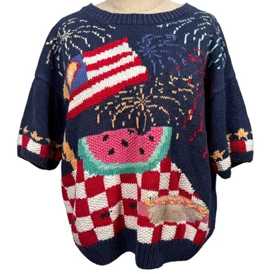 Suéter Patriótico Tejido a Mano De Colección Islas del Norte L Manga Corta Bandera de EE. UU. Fuegos Artificiales Foto 1 de 4