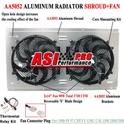Aluminum Radiator Shroud Fan+Relay For 1988-1999 97 CHEVY GMC C/K 1500 2500/3500 Foto 1 de 4