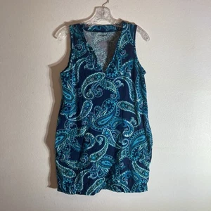 LAND'S END blue white paisley v-neck sleeveless cotton knit tunic top M - Picture 1 of 8