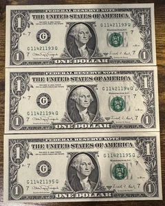 (3) 1988-A $1 Dollar Bills Consecutive Serial G11421193Q G11421194Q G11421195Q - Picture 1 of 2