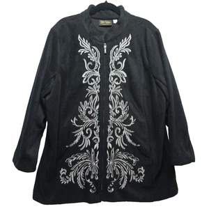 Bob Mackie Wearable Art Black Fleece Jacket Large Full Zip Embroidered Sleeves - Picture 1 of 6