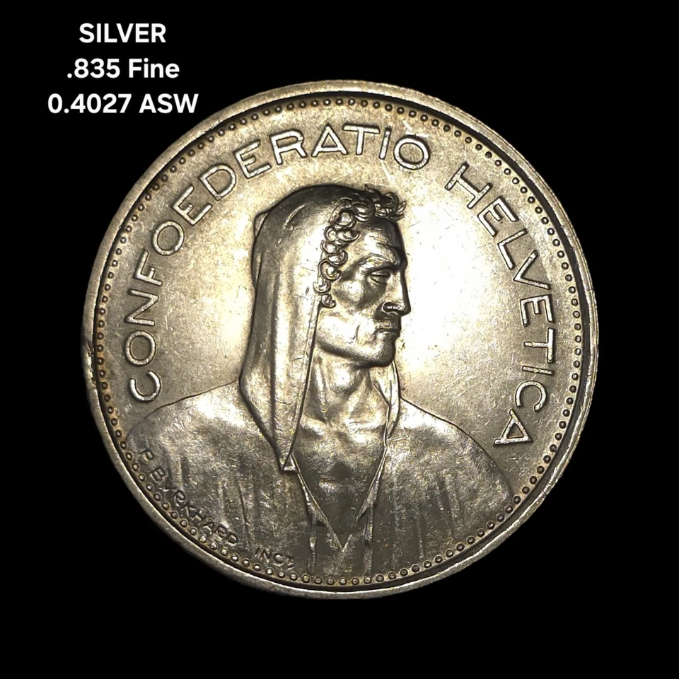 1966B 5 FRANCS SWITZERLAND HELVETIA  BU 83.5% SILVER COIN - Image 1 of 4