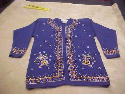 SUÉTER VINTAGE DAMAS AZUL ACENTO CON CUENTAS FUERTES CONEXIÓN OCCIDENTAL TALLA S Foto 1 de 4