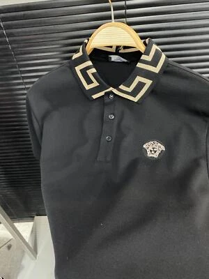 Camiseta polo Versace negra para hombre 1/4 botones manga corta talla delgada bordada Foto 1 de 2