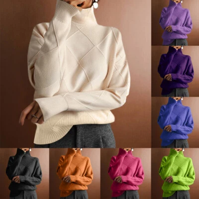 Winter Ladies Chunky Knit High Neck Jumper Pullover Baggy Sweater Tops PLUS SIZE - Image 1 of 4