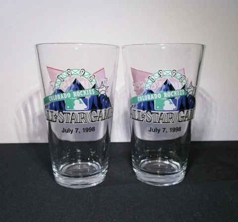 Pair of Rare Colorado Rockies MLB Budweiser Beer Pint glasses from 1996 All Star Cover