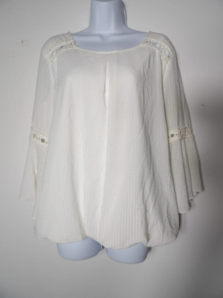 AB Studio Large Tunic Top White Boho Bell Sleeve Eyelet Lined Pleated Hippie Pea - Image 1 of 4