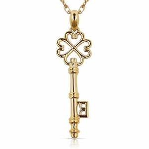 Key Pendant Charm 14K Solid Yellow Gold Antique Style Skeleton Design - Picture 1 of 2