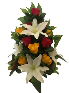 Maceta para tumbas arreglo de flores flor de seda artificial espalda plana rosa lirio mezcla maceta - Imagen 1 de 6