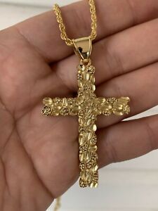 Mens Large Gold Nugget Cross 14k Gold Plated Solid 925 Silver Necklace Chain