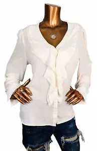 Top WHBM XL nuovo con etichette trasparente taglio basso a V con bottoni camicia blusa arruffata avorio manica lunga - Foto 1 di 10