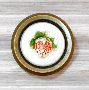 Antique Victorian Milk Glass Jewel Drum Button Raised Strawberry Brass Rim 1" - Picture 1 of 9