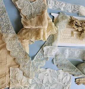 Antik Vintage Spitzenborte Lot Kanteneinsatz Rosen bestickt Organdy Valenciennes - Bild 1 von 18
