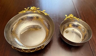 Кованые металлические сервировочные чаши 3D золото декоративные цветы пара 10» + 6,5» Индия - Изображение 1 из 4