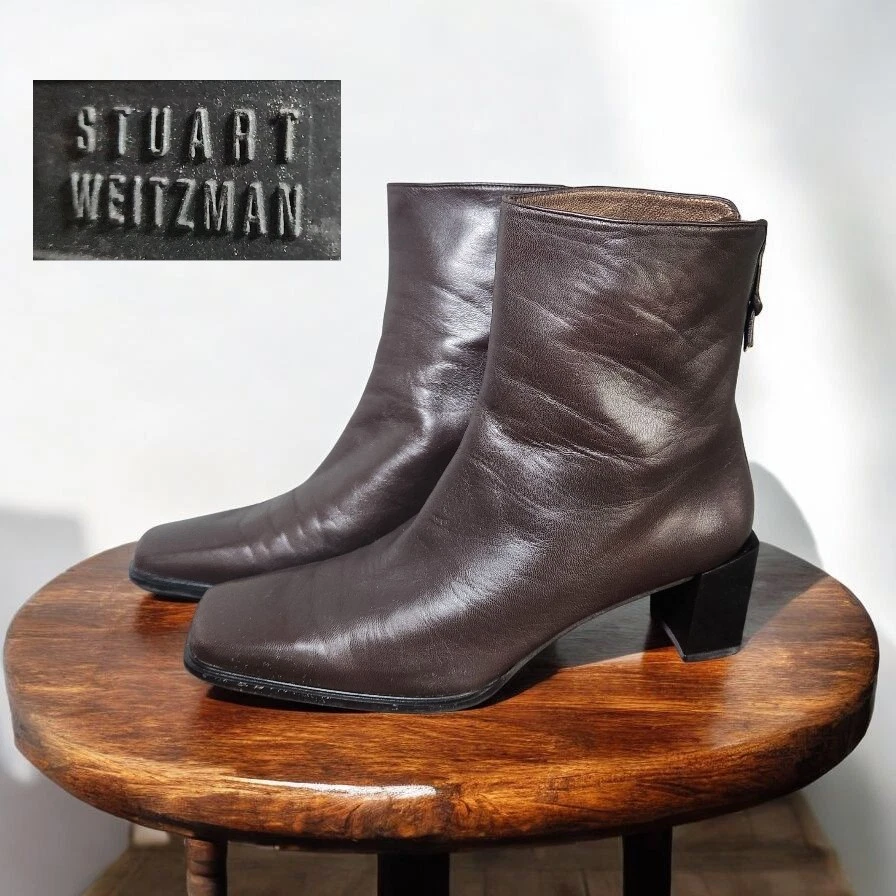 Stewart Weitzman Chocolate Brown Leather Ankle Boots Square Toe Size 7 B - Image 1 of 4