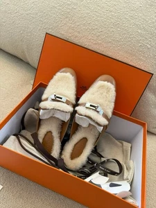 NUEVO Hermes Oz Cuero Mulas Piel Oveja Lana Lota Kelly Chypre Go Flat 37 - Imagen 1 de 7