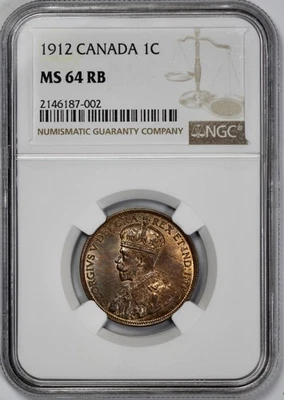1912 Canada 1c Large Cent NGC MS 64 RB - Image 1 of 4