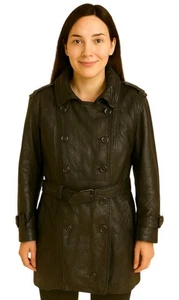 Vintage Neiman Marcus Womens Black Leather Coat Large Military Button Up Goth - Picture 1 of 15