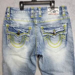 True Religion Jeans Mens 34x30 Blue Ricky Super T Straight Stretch Denim Stitch - Picture 1 of 15
