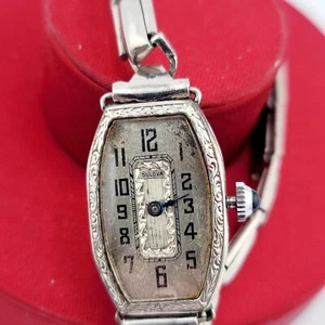 Antique Wristwatch Ladies 1920s Art Deco BULOVA 16 Jewel White GF Blue Cabochon - Picture 1 of 14