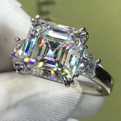 Помолвочное кольцо с тремя камнями муассанит огранки ашер 5,45 карата покрытие белым золотом 14 карат - Изображение 1 из 4