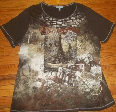 ESSENTIALS 0X PLUS MARRÓN S/S JERSEY ALGODÓN TORRE EIFFLE TACHUELAS GRÁFICOS 8422-3 Foto 1 de 2