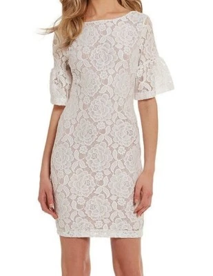 Платье-футляр женское IVANKA TRUMP цвета слоновой кости обнаженное с оборками с коротким рукавом кружевное размер 12 - Изображение 1 из 4