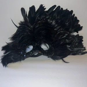 Feather Masquerade Mask Carnival Feather Mask Side Feather Black Full Sequin - Picture 1 of 11
