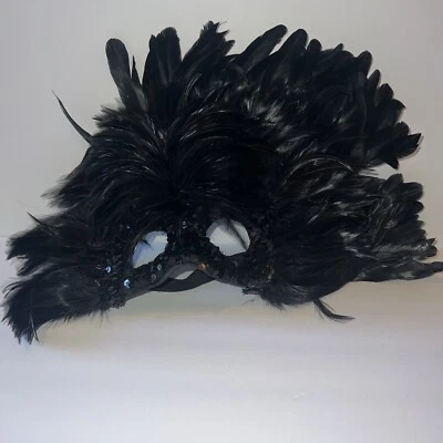 Feather Masquerade Mask Carnival Feather Mask Side Feather Black Full Sequin - Image 1 of 4