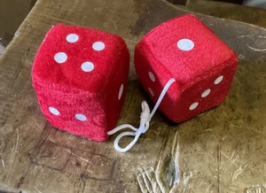 Pair Red Hanging Mirror 2.75 Plush Fuzzy Vintage Car Dice Rat Hot Rod New Cool - Picture 1 of 2