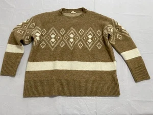 Easel Pullover Knit Sweater Stripe Chest Large L brown tan white triangles 222 - Picture 1 of 9