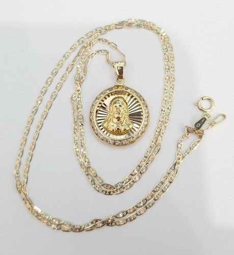 Real 14k Yellow G CZ Jesus Face Pendent Charm Religious 18" Valentino Chain