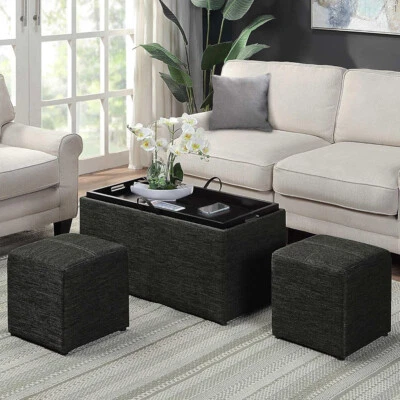 Set 2 Pouf e Cassapanca in Tessuto Grigio Coperchio 2in1 e Scomparto Contenitore - Immagine 1 di 4